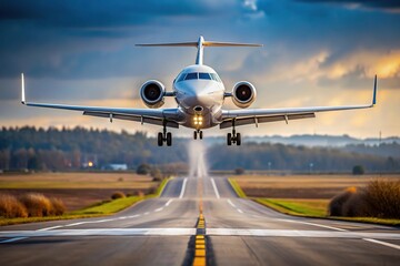 Private jet landing with landing gear released, high angle view