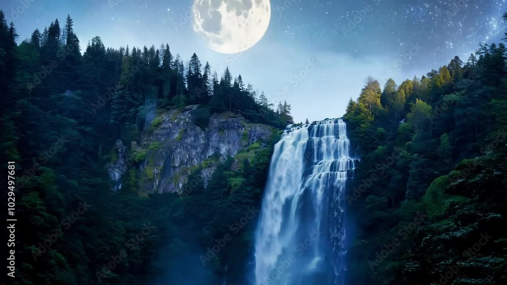 Poster water plunges down a steep cliff face in a powerful waterfall illuminated by the light of a full moo
