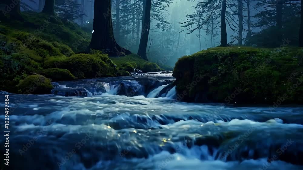 Poster Serene river meanders through a dense forest under the moonlight on a misty night. Creating a tranquil atmosphere with the full moon illuminating the water and fog