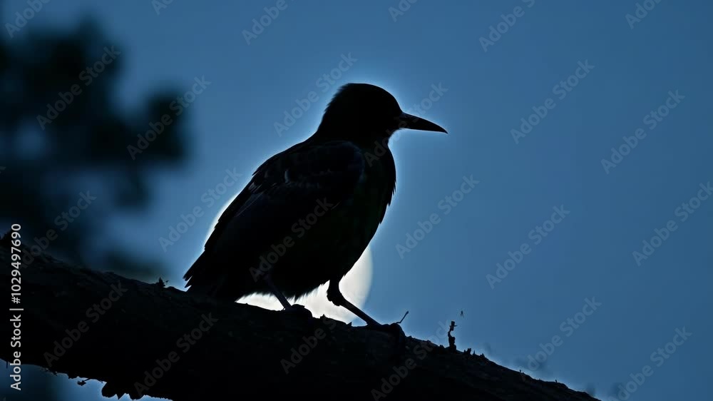 Aufkleber blackbird perched on a branch against a twilight sky, with the moon shining in the background, creat