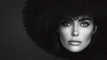  Black and white portrait of a woman wearing a large fur hat, with intense eyes and glossy lips, creating a dramatic and glamorous winter look with ample copy space for design use.