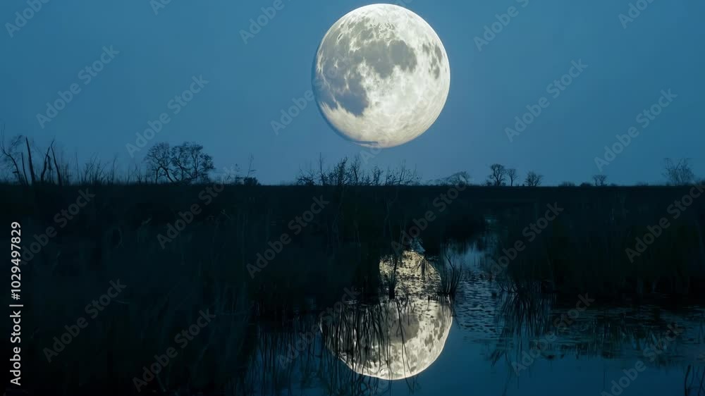 Aufkleber supermoon rises over a swamp at sunset, casting a shimmering reflection in calm waters, creating a s