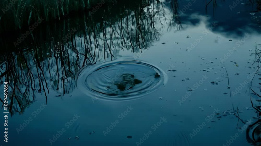 Poster rippling dark water reflects tree silhouettes under twilight sky with clouds, creating serene atmosp