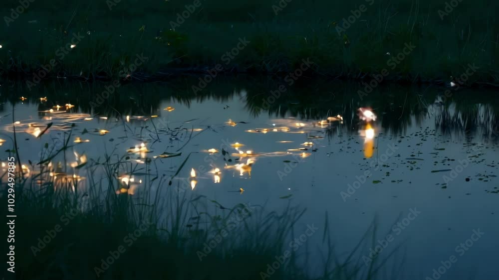Poster fireflies are lighting up a serene lake at twilight, creating a magical and enchanting atmosphere. t