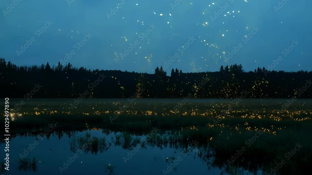 Leinwandbilder swarm of fireflies are flying over a lake on a summer night, creating a magical and enchanting atmos