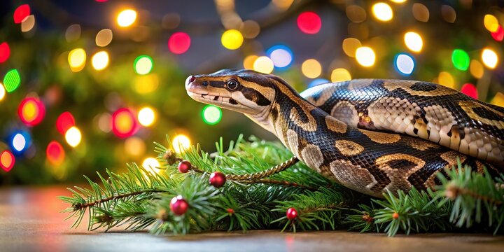 Panoramic exotic python entwined in festive Christmas tree with twinkling lights