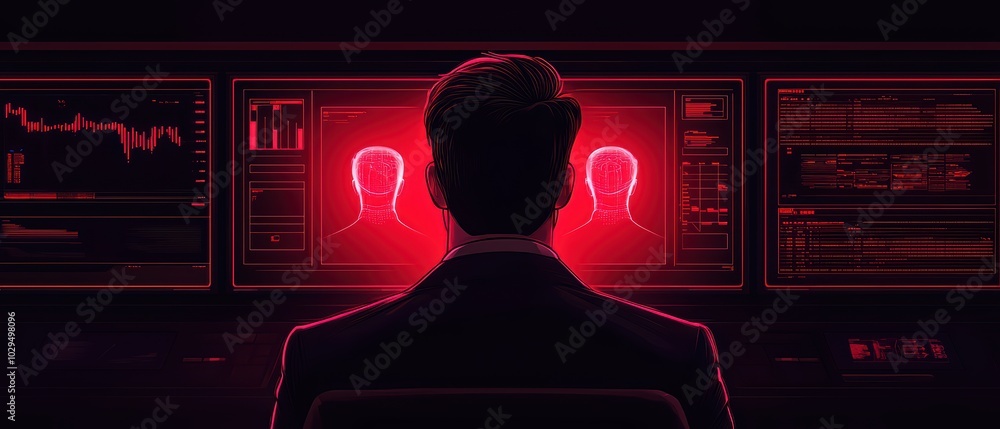 Poster a person monitors digital screens displaying data analytics and profiles in a high-tech environment.