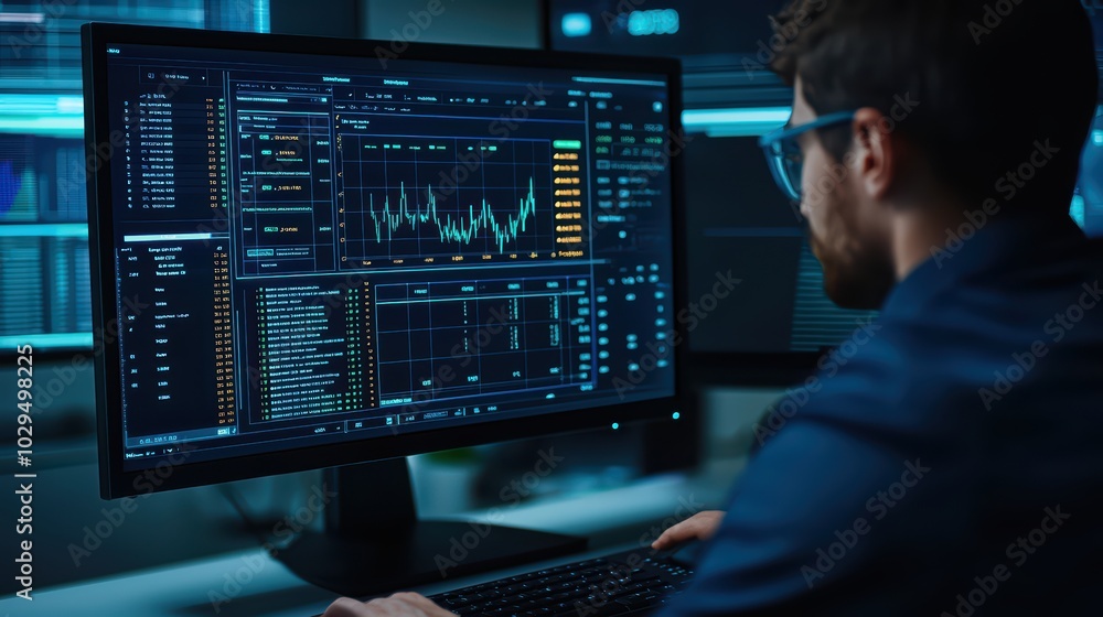Poster a professional analyzing data on a computer screen in a modern office environment.