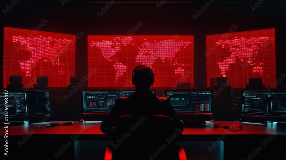 Poster a silhouette of a person in a control room with multiple red screens displaying world maps.