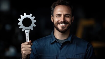 A smiling mechanic holding a large wrench in a workshop environment, showcasing expertise and professionalism.