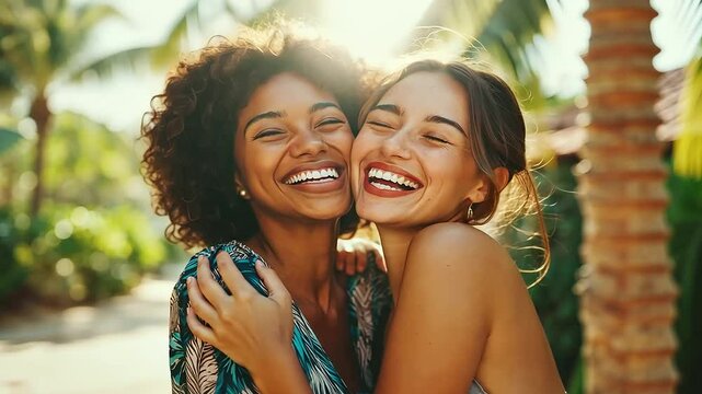 Two cheerful female friends sharing a heartfelt embrace, laughing and enjoying their time together, celebrating their close friendship cheerful women, female friends, heartfelt em