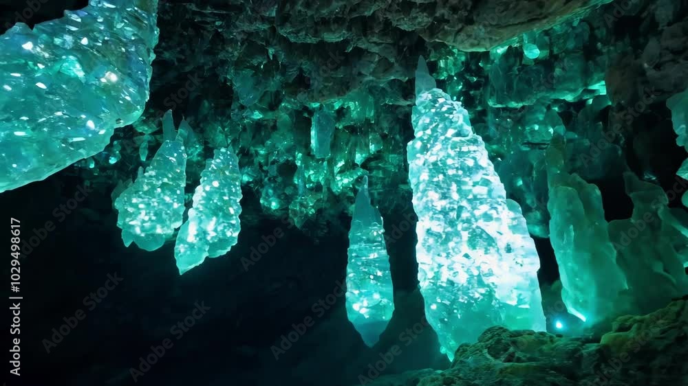 Poster turquoise stalactites illuminated by colorful lights are growing from the ceiling of a dark cave. th