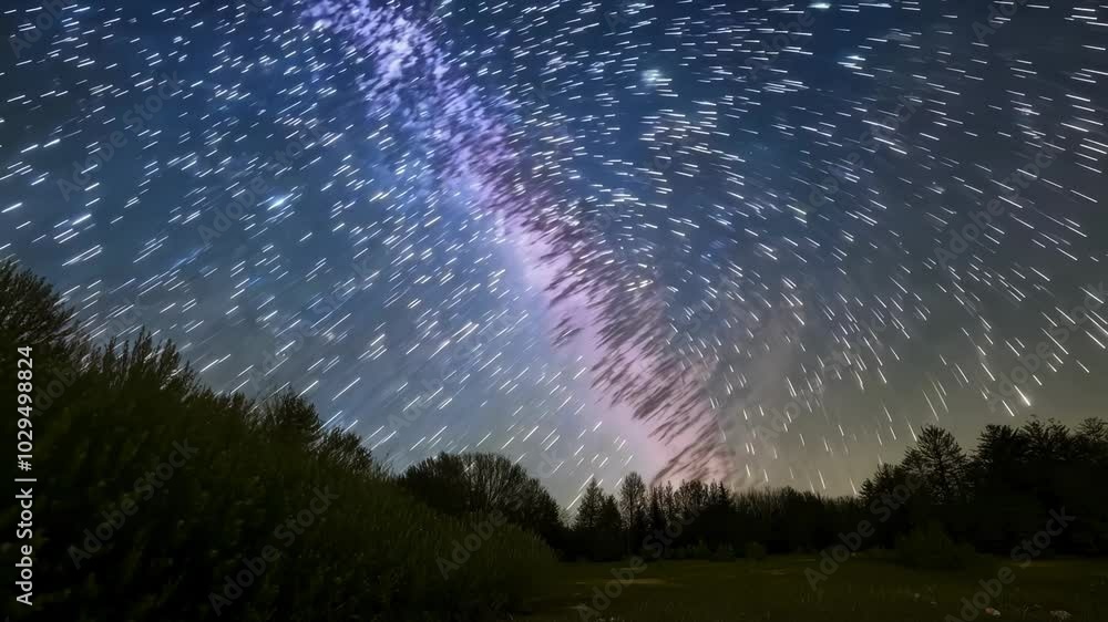 Poster long exposure showing the apparent movement of the stars in the sky due to the earth's rotation, wit