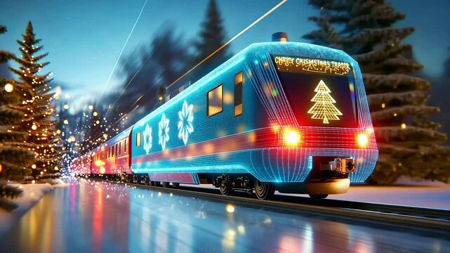 Festive Christmas Train with Lights and Decorations in Winter Wonderland. Winter, Christmas and New Year scene.
