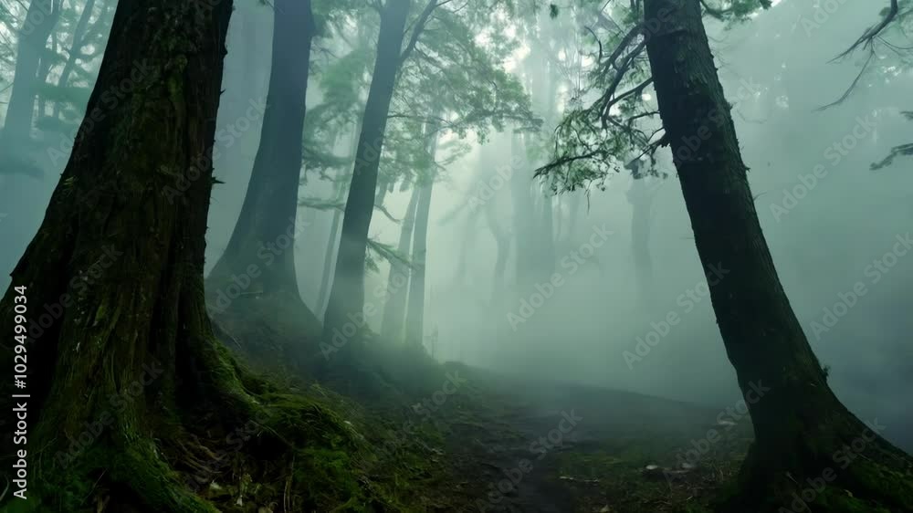 Aufkleber sunlight is struggling to penetrate the thick fog rising from the forest floor in a dense forest of 
