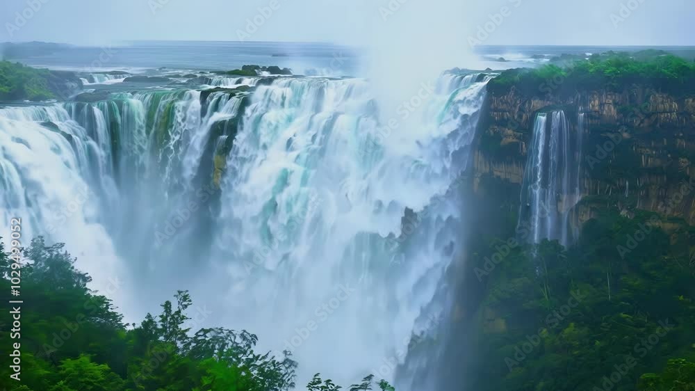 Poster water cascading over the edge of iguazu falls creating a mist that rises from the bottom and lush gr