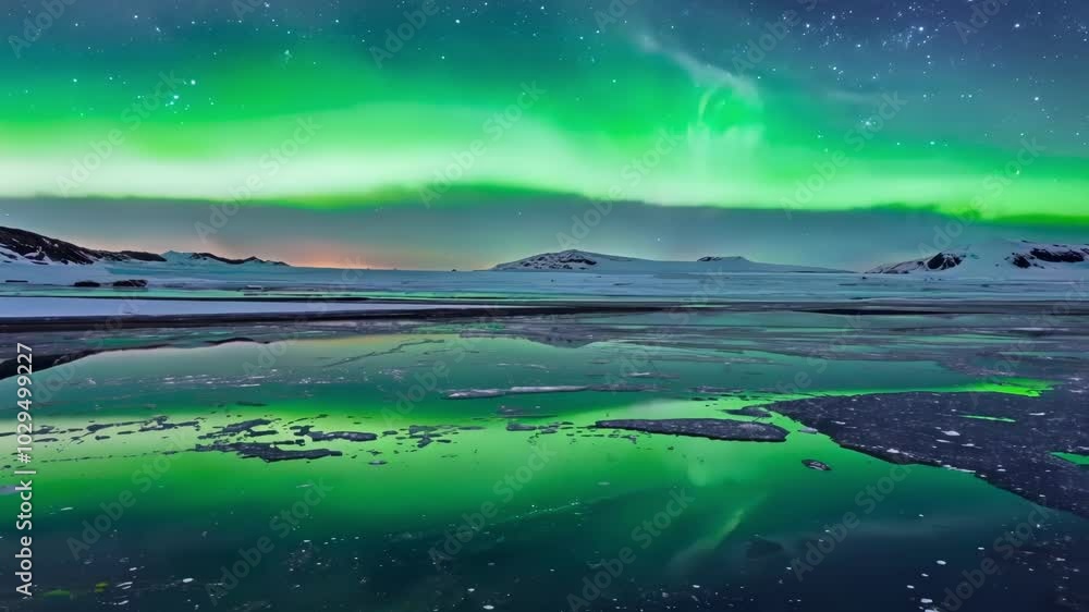 Aufkleber The aurora borealis is reflecting on the jokulsarlon glacier lagoon in , creating a magical and colorful landscape