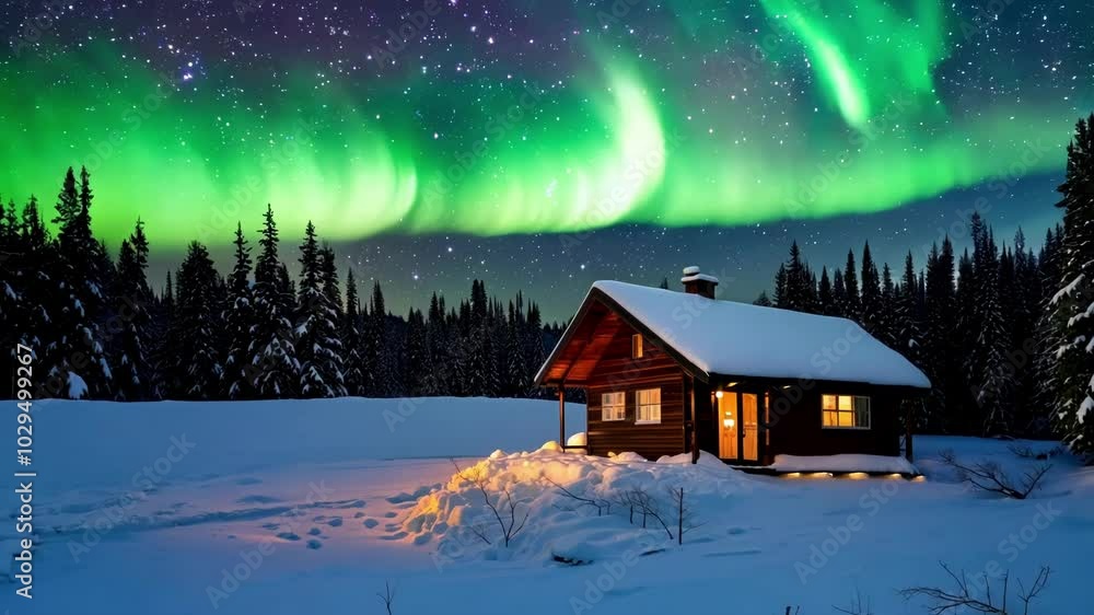 Poster cozy cabin glows under northern lights in a snowy forest, creating a serene and magical winter scene