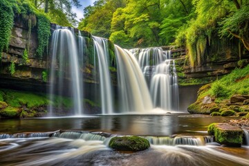 Fototapeta premium Water rushing down Sgwd Ddwli Isaf waterfall in extreme close-up