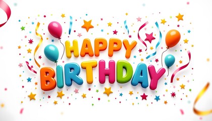 Colorful Happy Birthday text with balloons and hearts on white background