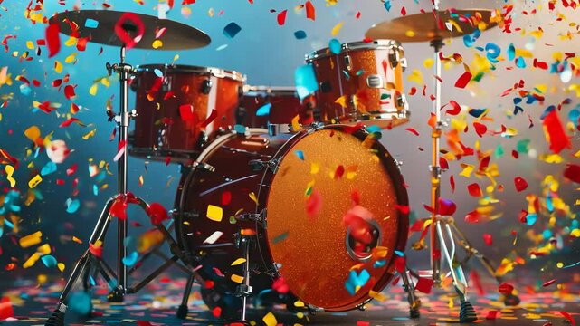 A red drum set with colorful confetti falling around it. The drum set is the main focus of the image, and the confetti adds a festive and celebratory atmosphere