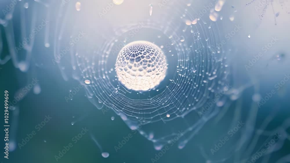 Poster Dew drops clinging to a spider web are catching the sun, creating a beautiful bokeh effect in the background with a glowing orb in the center