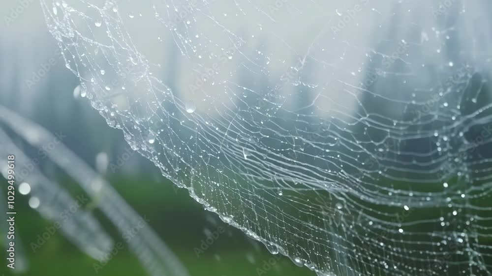 Poster Spider web covered in dew drops in the morning light, against a green background. The delicate threads and glistening droplets create a mesmerizing pattern