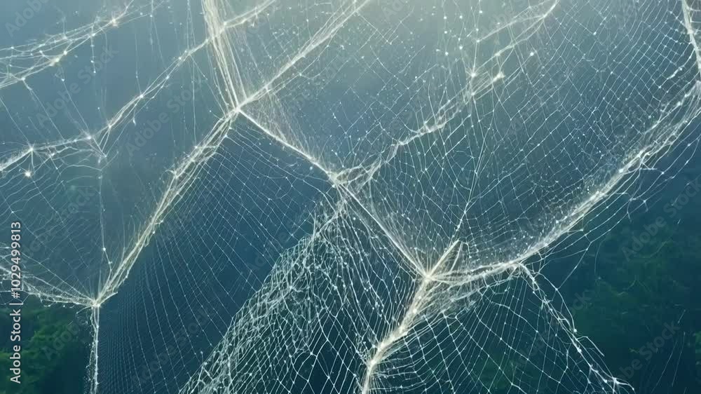 Aufkleber Fishing net with air bubbles clinging to it, creating an abstract pattern with the surface of the water visible in the background