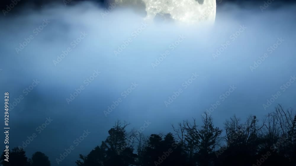 Poster Silhouetted trees stand tall against a blue evening sky as fog rolls in, creating a spooky and mysterious atmosphere in a serene forest setting