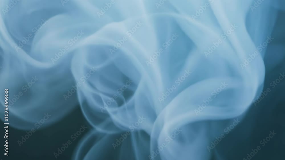 Poster Blue smoke swirls against dark background, creating shapes and patterns. Soft wisps flow dynamically, evoking ethereal beauty. Misty waves add creativity. No people, tranquil atmosphere