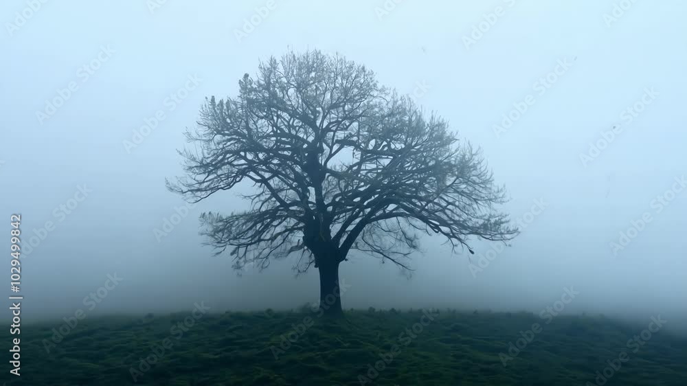 Aufkleber Large tree is standing alone in a thick fog, creating a mysterious and eerie atmosphere. The fog obscures the background, adding to the sense of isolation and tranquility