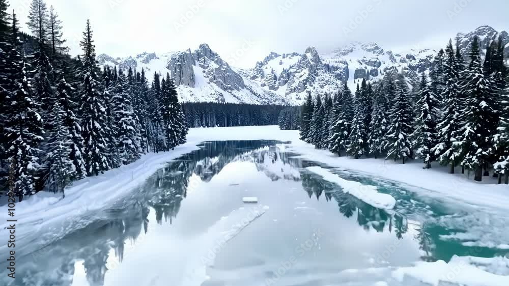 Poster serene winter scene with a frozen lake reflecting the snow covered mountains and surrounding forest.