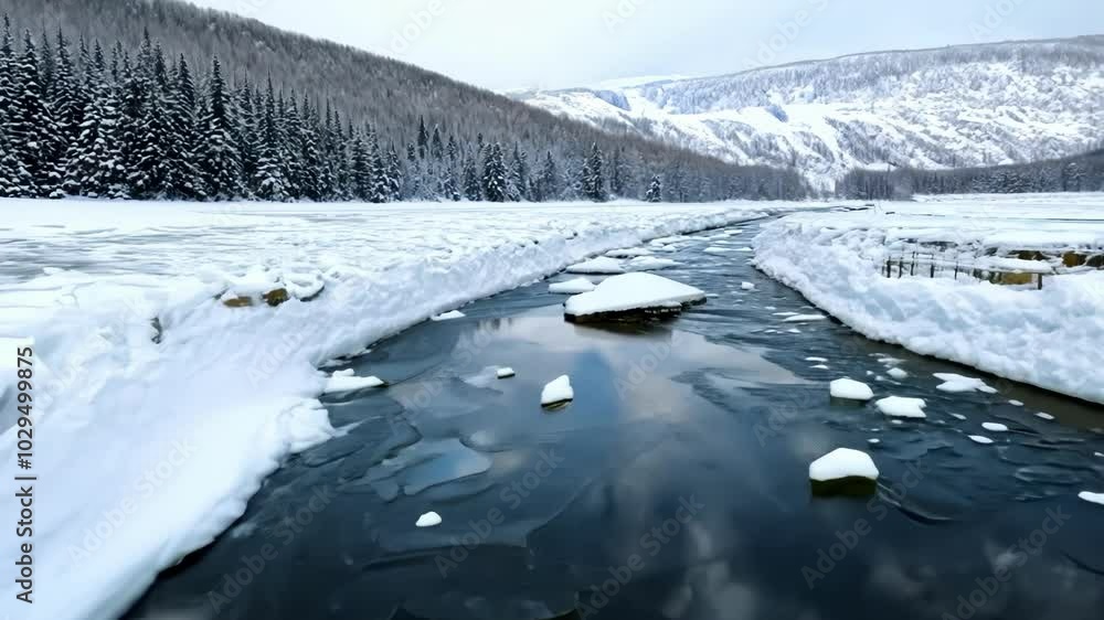 Poster serene winter scene with a winding river, snowy forest, and ice floes, creating a tranquil landscape