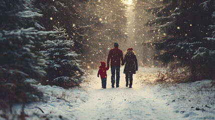 A family walking through a snowy forest to find the perfect Christmas tree on Christmas Eve with snow falling gently and laughter filling the air.