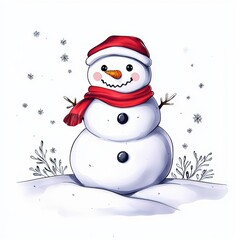 Fototapeta premium Cheerful snowman with a red scarf and hat, surrounded by snowflakes against a white background.