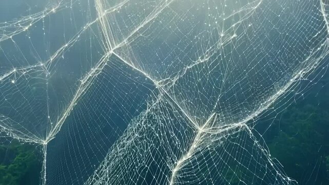 Fishing net with air bubbles clinging to it, creating an abstract pattern with the surface of the water visible in the background