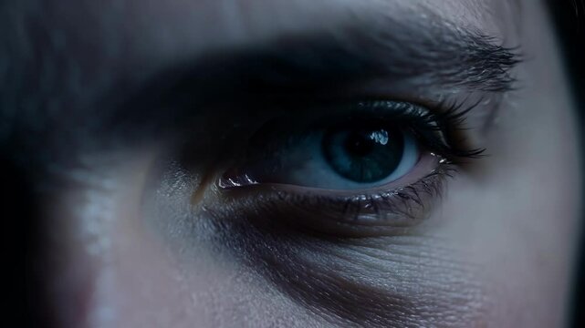 Close up of a striking blue eye with a furrowed eyebrow, showing intense emotions like anger and contemplation. Detailed macro shot invites reflection on human complexity