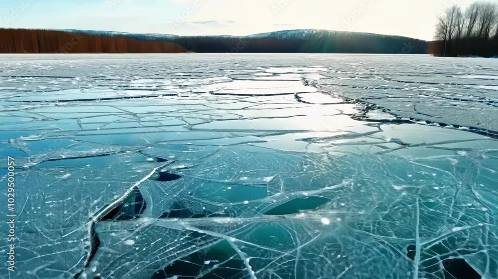 Aufkleber sunlight reflecting off a frozen lake, cracked into many pieces, creating an abstract pattern with t