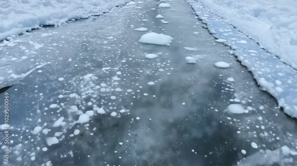 Poster Ice floes are forming on the surface of a frozen lake, creating a beautiful and abstract pattern. The ice is a deep blue color, and the snow is a pristine white