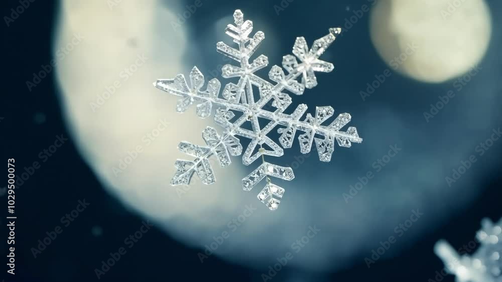 Aufkleber capturing a falling snowflake's intricate details against a blurred blue background