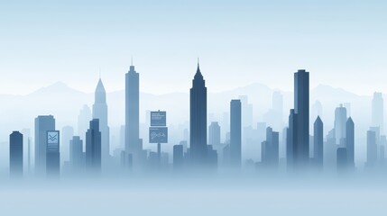 Naklejka premium City skyline silhouette with misty blue background, capturing urban beauty in a serene atmosphere.