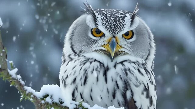 Beautiful ural owl is perched on a snow covered branch, its piercing yellow eyes staring intently amidst the serene winter landscape
