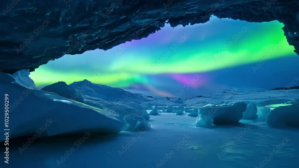 Poster mesmerizing display of aurora borealis lights up the sky above a frozen lake, creating a breathtakin