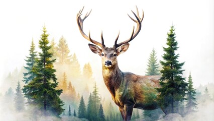 watercolor double exposure effect of deer and forest on white background © methinee