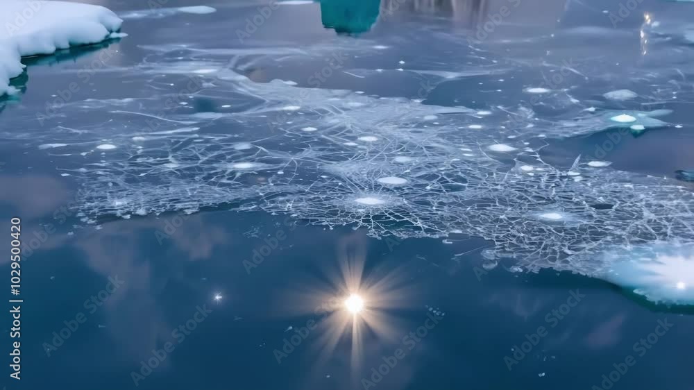 Aufkleber Sun shining through a thin layer of transparent ice forming a network of cracks and bubbles, creating a beautiful geometric pattern