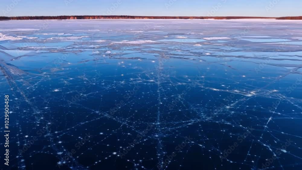 Leinwandbilder cracks are covering the surface of the frozen lake reflecting the clear blue sky, creating a mesmeri