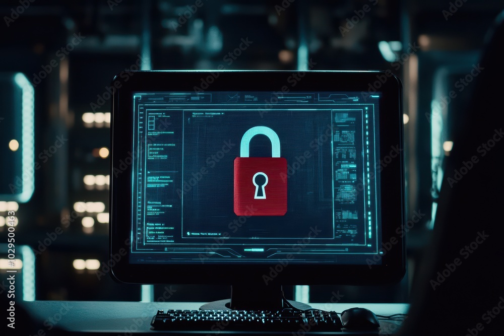 Poster computer monitor displaying a red lock icon on a dark interface, symbolizing cybersecurity and digit