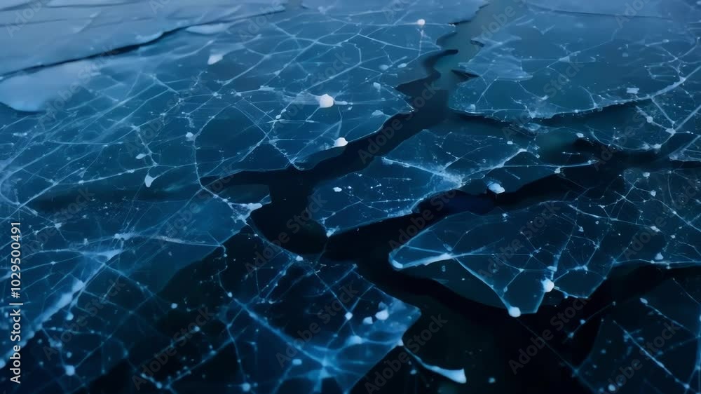 Poster This close up shot of deep blue ice shows a network of cracks forming a natural pattern, creating a beautiful abstract background