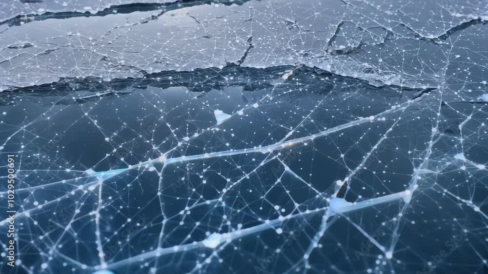 Poster air bubbles and cracks are creating a delicate white pattern on the deep blue ice of a frozen lake. 