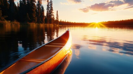 Fototapeta premium Serene Canoe at Sunset in Tranquil Lake